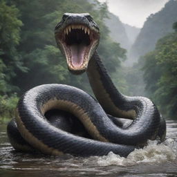 A gigantic, 10 meters high snake with sharp, menacing teeth and four muscular limbs, poised intimidatingly in the midst of a winding river.