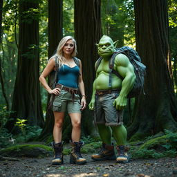 A beautiful blonde woman wearing a stylish hiking suit, equipped with a backpack and hiking boots, standing confidently next to a tall green troll