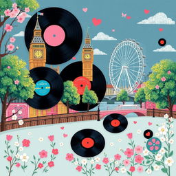 A romantic illustration inspired by London, featuring iconic landmarks like Big Ben and the London Eye, all depicted in a whimsical, artistic style