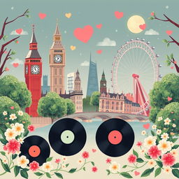 A romantic illustration inspired by London, featuring iconic landmarks like Big Ben and the London Eye, all depicted in a whimsical, artistic style