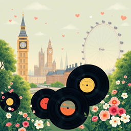 A romantic illustration inspired by London, featuring iconic landmarks like Big Ben and the London Eye, all depicted in a whimsical, artistic style