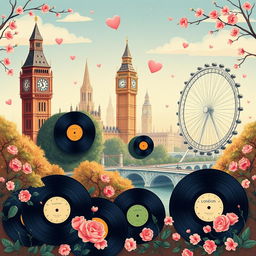 A romantic illustration inspired by London, featuring iconic landmarks like Big Ben and the London Eye, all depicted in a whimsical, artistic style