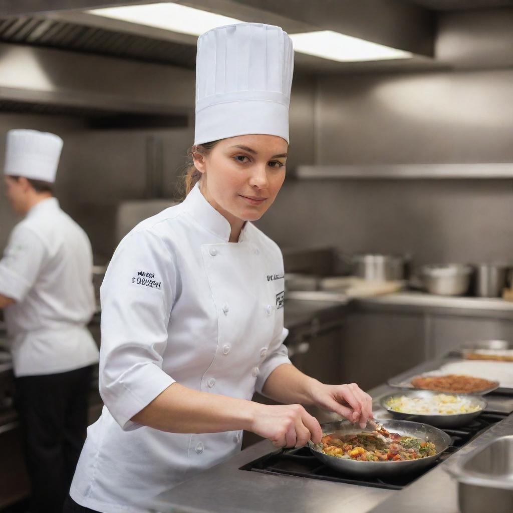 A professional female chef skillfully working in a bustling, fully equipped restaurant kitchen, dressed in a white chef's uniform and a toque.