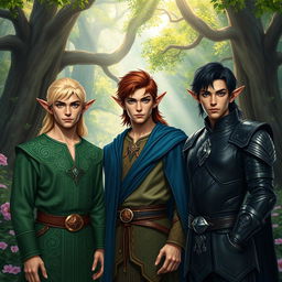 A trio of distinguished elf men standing proudly together in a lush, enchanted forest