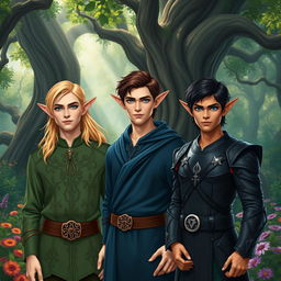 A trio of distinguished elf men standing proudly together in a lush, enchanted forest