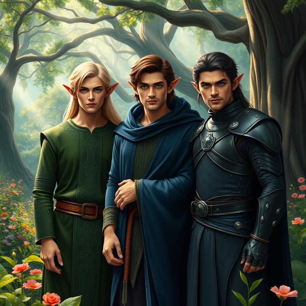 A trio of distinguished elf men standing proudly together in a lush, enchanted forest