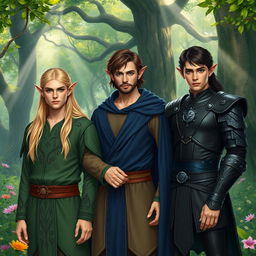 A trio of distinguished elf men standing proudly together in a lush, enchanted forest