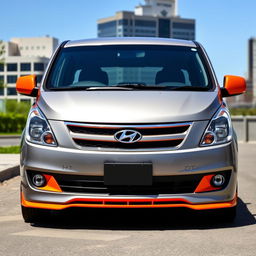 A silver gray 2011 Hyundai H1 Trendy with striking orange paint accents on the sides and front bumper, complemented by bright orange rear view mirrors