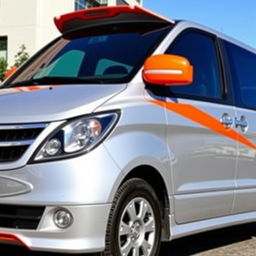 A silver gray 2011 Hyundai H1 Trendy with striking orange paint accents on the sides and front bumper, complemented by bright orange rear view mirrors