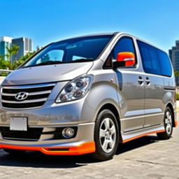 A silver gray 2011 Hyundai H1 Trendy with striking orange paint accents on the sides and front bumper, complemented by bright orange rear view mirrors