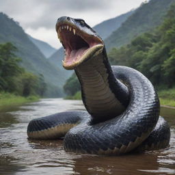 A gigantic, 10 meters high snake with sharp, menacing teeth and four muscular limbs, poised intimidatingly in the midst of a winding river.