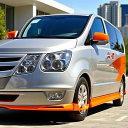 A silver gray 2011 Hyundai H1 Trendy with striking orange paint accents on the sides and front bumper, complemented by bright orange rear view mirrors