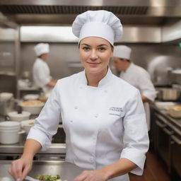 A professional female chef skillfully working in a bustling, fully equipped restaurant kitchen, dressed in a white chef's uniform and a toque.