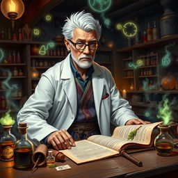 In a Dungeons & Dragons fantasy setting, a distinguished doctor in his late 30s is portrayed with striking white hair that contrasts with his deep-set, wise eyes framed by elegant glasses