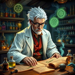 In a Dungeons & Dragons fantasy setting, a distinguished doctor in his late 30s is portrayed with striking white hair that contrasts with his deep-set, wise eyes framed by elegant glasses