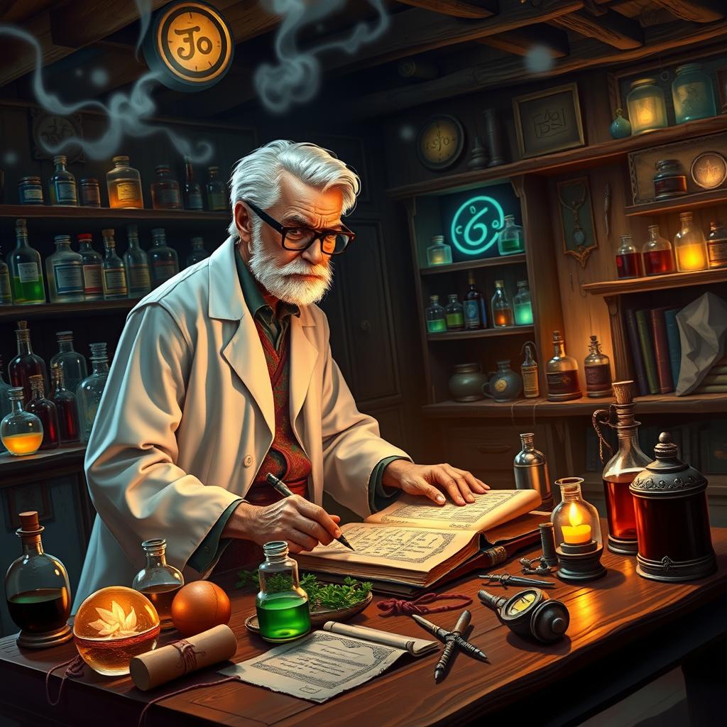 In a Dungeons & Dragons fantasy setting, a distinguished doctor in his late 30s is portrayed with striking white hair that contrasts with his deep-set, wise eyes framed by elegant glasses