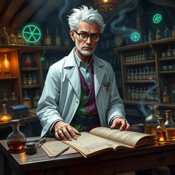 In a Dungeons & Dragons fantasy setting, a distinguished doctor in his late 30s is portrayed with striking white hair that contrasts with his deep-set, wise eyes framed by elegant glasses