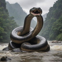 A gigantic, 10 meters high snake with sharp, menacing teeth and four muscular limbs, poised intimidatingly in the midst of a winding river.