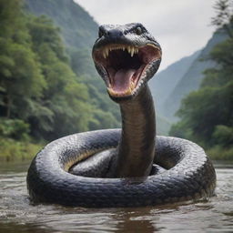 A gigantic, 10 meters high snake with sharp, menacing teeth and four muscular limbs, poised intimidatingly in the midst of a winding river.