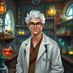 In a Dungeons & Dragons fantasy setting, a young doctor in his late 20s is depicted with bright white hair that adds a striking contrast to his warm, kind smile