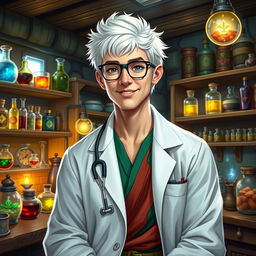 In a Dungeons & Dragons fantasy setting, a young doctor in his late 20s is depicted with bright white hair that adds a striking contrast to his warm, kind smile