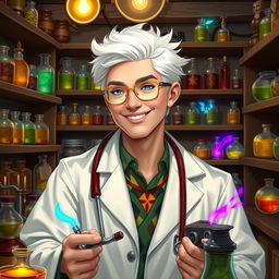 In a Dungeons & Dragons fantasy setting, a young doctor in his late 20s is depicted with bright white hair that adds a striking contrast to his warm, kind smile