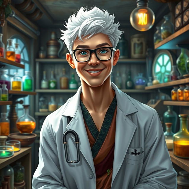 In a Dungeons & Dragons fantasy setting, a young doctor in his late 20s is depicted with bright white hair that adds a striking contrast to his warm, kind smile