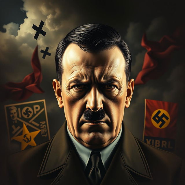 A dramatic and historical depiction of Adolf Hitler, showcasing him at a pivotal moment in World War II, surrounded by symbols of power and terror