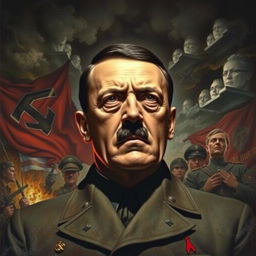 A dramatic and historical depiction of Adolf Hitler, showcasing him at a pivotal moment in World War II, surrounded by symbols of power and terror