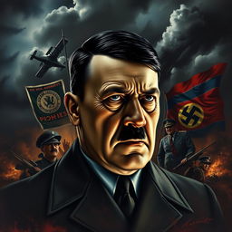 A dramatic and historical depiction of Adolf Hitler, showcasing him at a pivotal moment in World War II, surrounded by symbols of power and terror