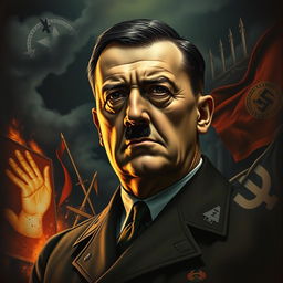 A dramatic and historical depiction of Adolf Hitler, showcasing him at a pivotal moment in World War II, surrounded by symbols of power and terror