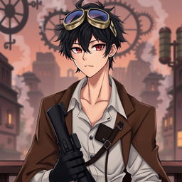 A handsome male character in a steampunk setting, featuring black short hair and striking dark red eyes