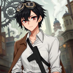 A handsome male character in a steampunk setting, featuring black short hair and striking dark red eyes