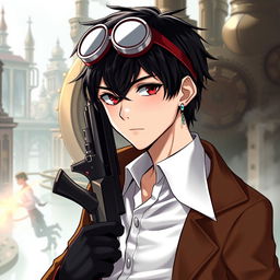 A handsome male character in a steampunk setting, featuring black short hair and striking dark red eyes