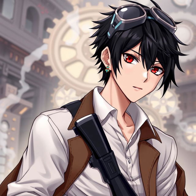 A handsome male character in a steampunk setting, featuring black short hair and striking dark red eyes