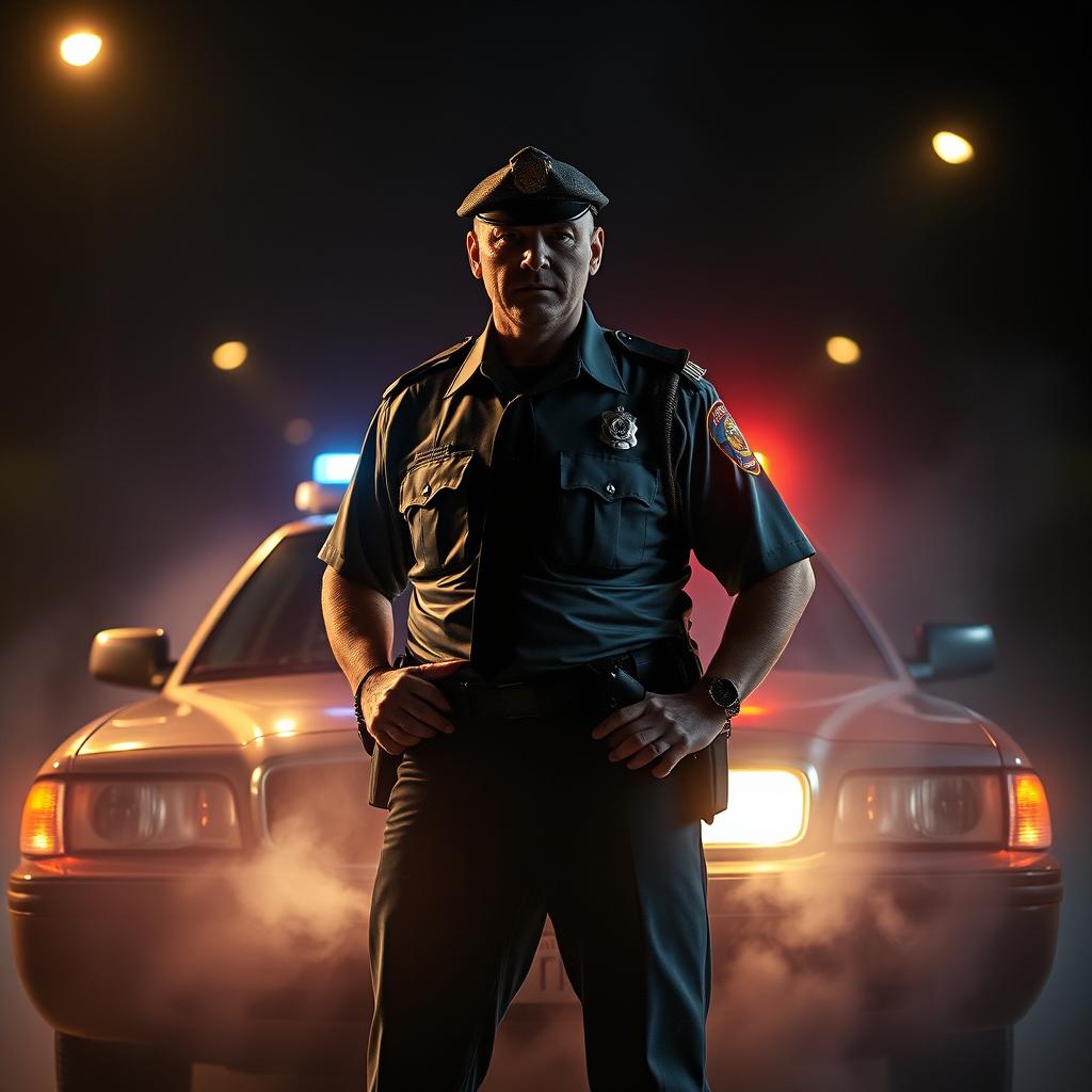 A dramatic scene depicting a police officer in a tense confrontation, standing in front of a police car with flashing lights