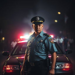 A dramatic scene depicting a police officer in a tense confrontation, standing in front of a police car with flashing lights