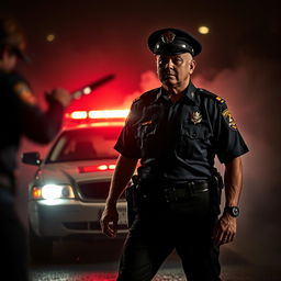 A dramatic scene depicting a police officer in a tense confrontation, standing in front of a police car with flashing lights