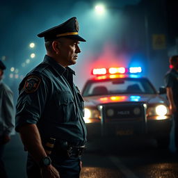 A dramatic scene depicting a police officer in a tense confrontation, standing in front of a police car with flashing lights