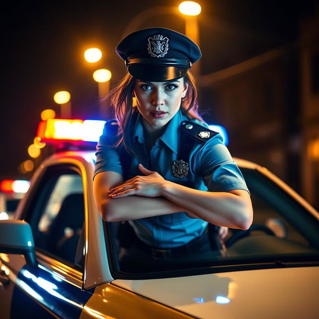 A striking image featuring a female police officer in a dynamic pose, leaning into the open front window of a police car