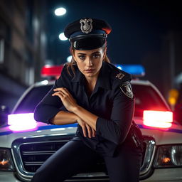 A striking image featuring a female police officer in a dynamic pose, leaning into the open front window of a police car