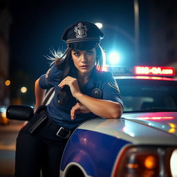 A striking image featuring a female police officer in a dynamic pose, leaning into the open front window of a police car