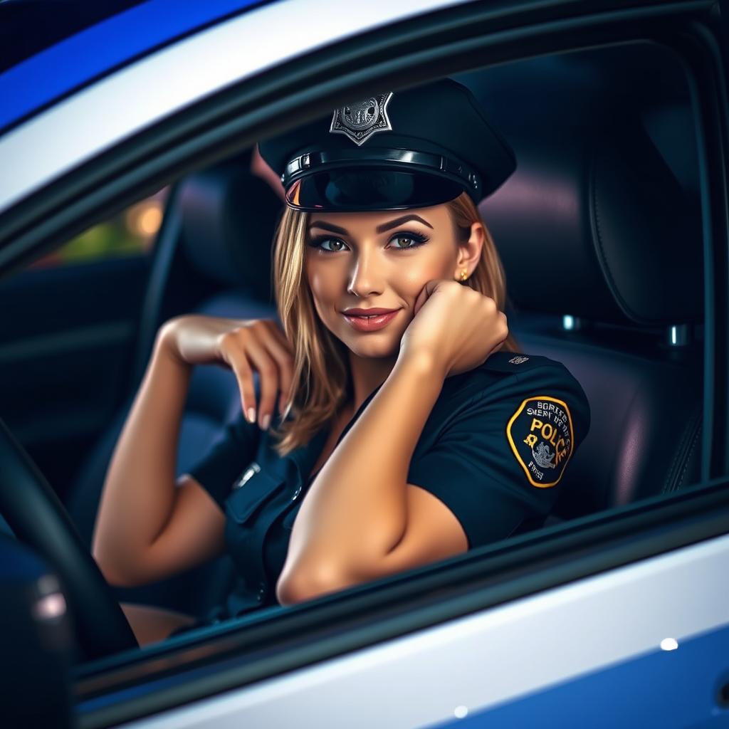 A suggestive yet artistic interpretation of a female police officer seated in the front passenger seat of a police car, playfully posed with a smirk on her face