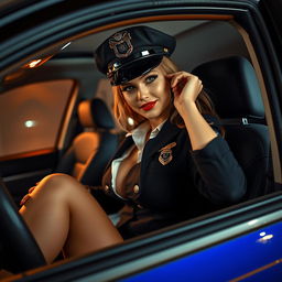 A suggestive yet artistic interpretation of a female police officer seated in the front passenger seat of a police car, playfully posed with a smirk on her face