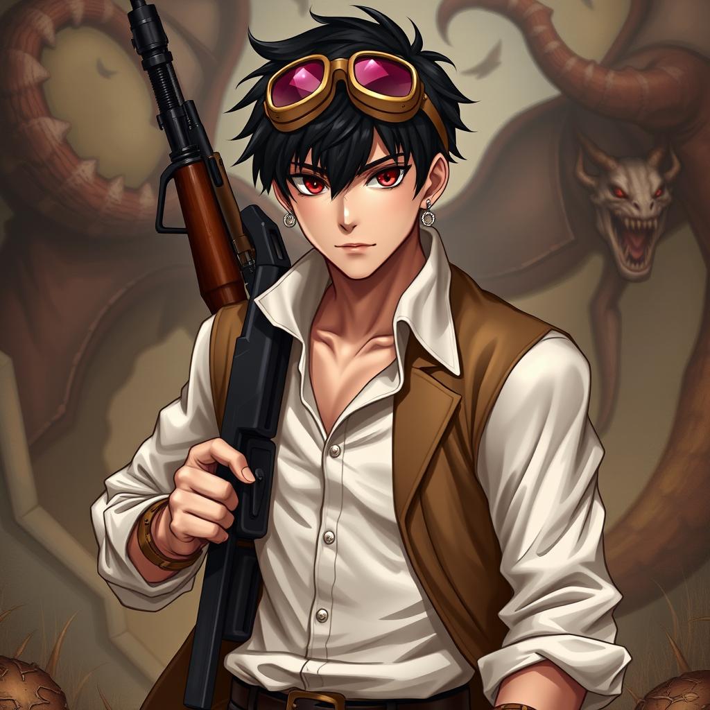 A dynamic male character in a Dungeons & Dragons inspired steampunk setting, featuring short black hair and captivating dark red eyes