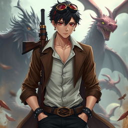 A dynamic male character in a Dungeons & Dragons inspired steampunk setting, featuring short black hair and captivating dark red eyes