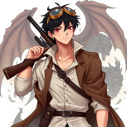 A dynamic male character in a Dungeons & Dragons inspired steampunk setting, featuring short black hair and captivating dark red eyes