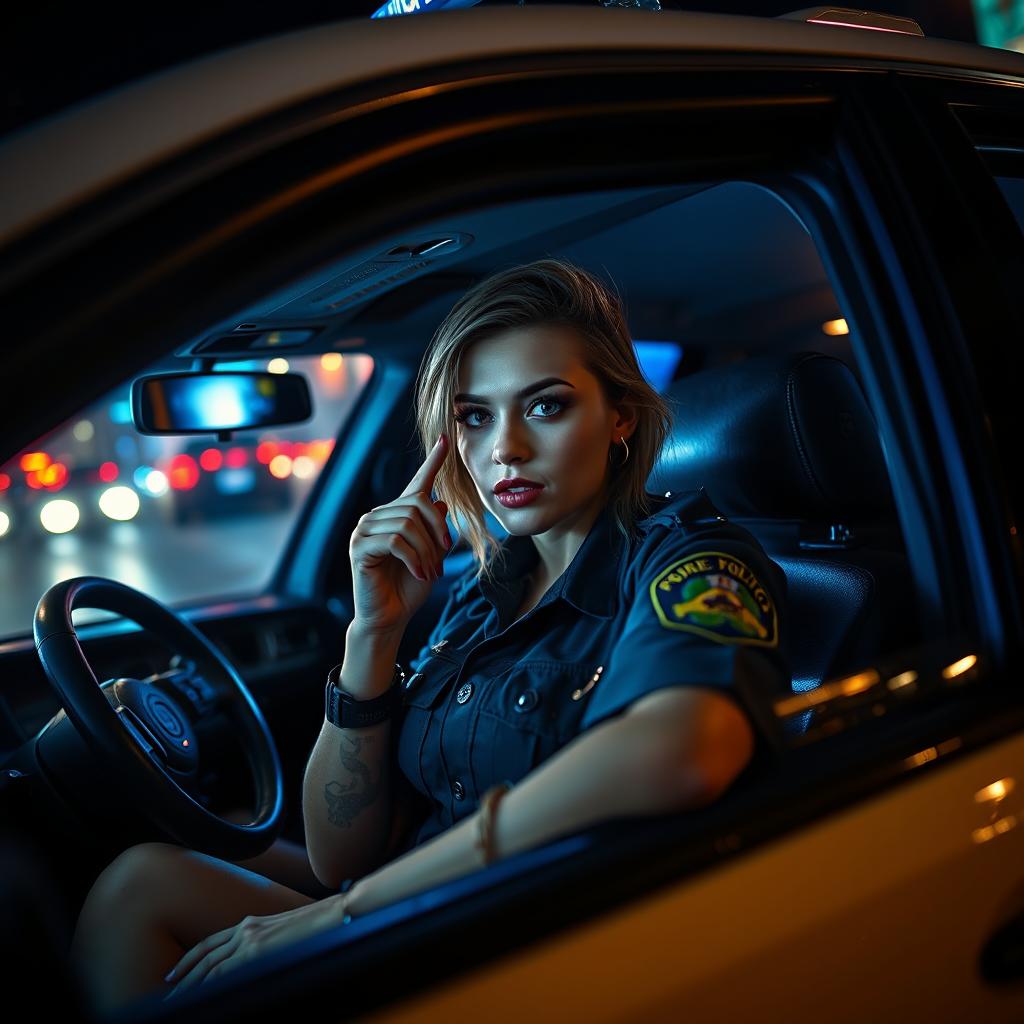 A bold and artistic portrayal of a female police officer inside a police car, with playful elements suggestive of intimacy