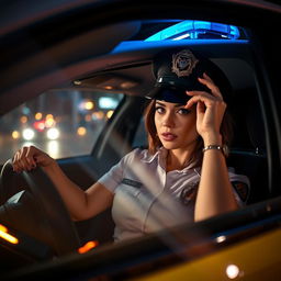 A bold and artistic portrayal of a female police officer inside a police car, with playful elements suggestive of intimacy