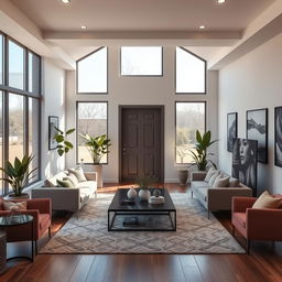 a rectangular aesthetic living room featuring a back door, with stylish decor, comfortable seating, and ample natural light streaming in through large windows, accent plants, and modern artwork on the walls